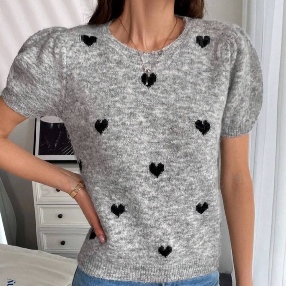 SHEIN Frenchy Heart Pattern Casual Round Neck Short Sleeve Knit Sweater Top - Picture 1 of 7